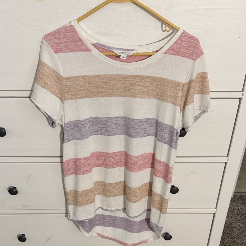 Market & Spruce Women's Striped Short Sleeve Tee - Pink, Purple, Tan